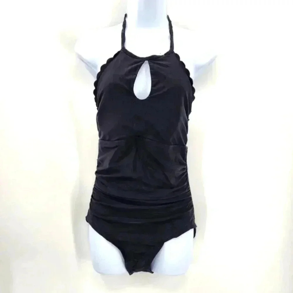 Kona Sol Black Scalloped Swimwear Swim Suit Bathing Suit One Piece Size Small